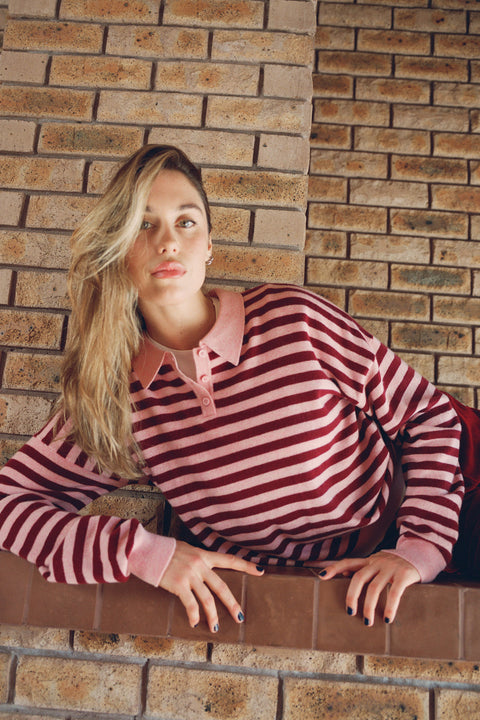 Berry Stripe Wool Polo Knit