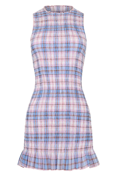 ruched mini dress in biscuit plaid apres studio Apres Studio Ruched Mini Dress - Biscuit Plaid