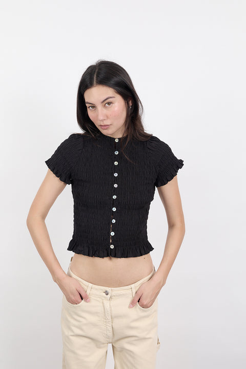 Black Ruched Button Tee