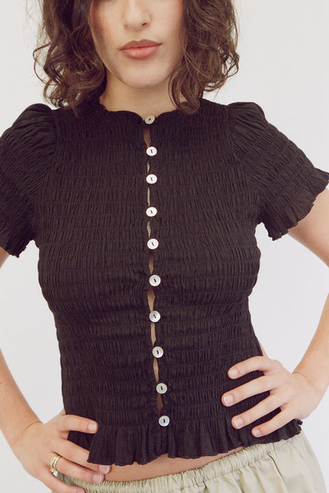 Black Ruched Button Tee