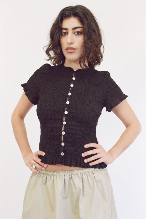 Black Ruched Button Tee