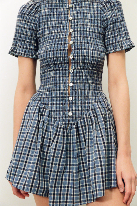 Blue Plaid Button Picnic Dress