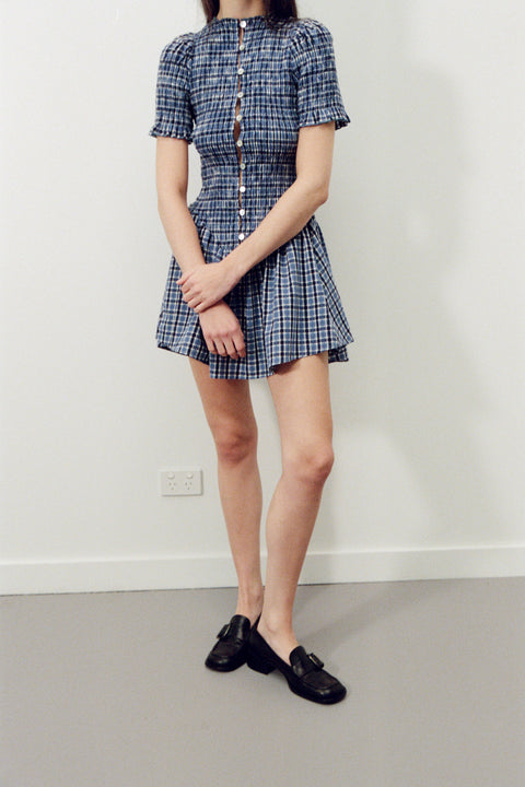 Blue Plaid Button Picnic Dress