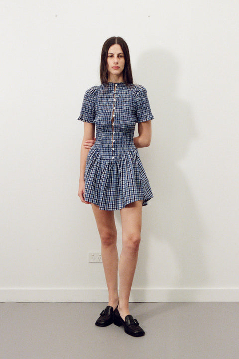 Blue Plaid Button Picnic Dress