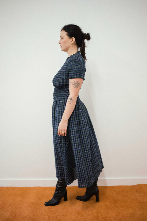 Navy Plaid Button Marta Dress