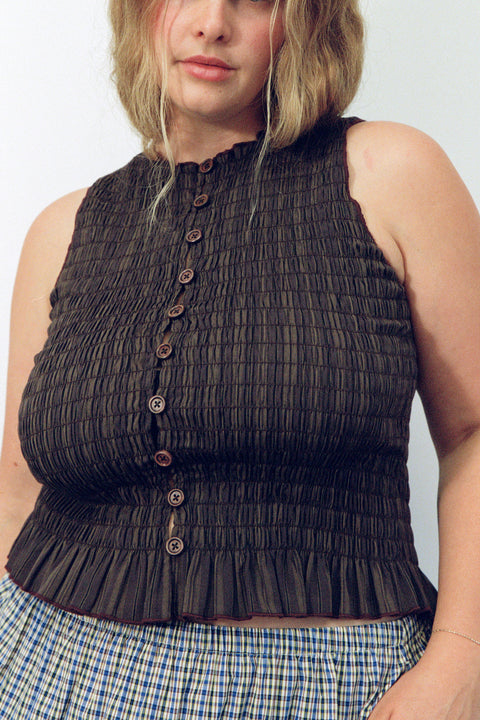 Brown Ruched Button Tank