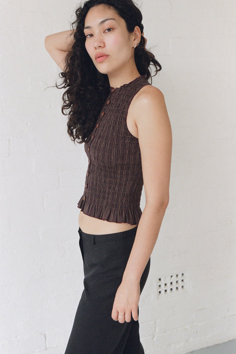 Brown Ruched Button Tank