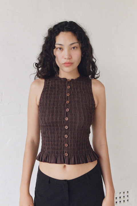 Brown Ruched Button Tank