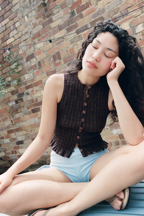 Brown Ruched Button Tank