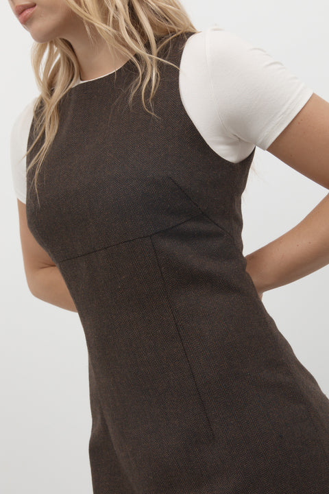 Brown Herringbone Pinafore Dress