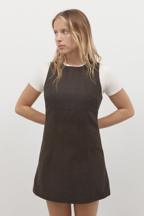 Brown Herringbone Pinafore Dress