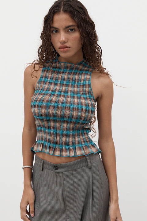 Butterfly Plaid Ruched Tank