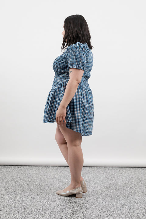 ruched mini dress in biscuit plaid apres studio Apres Studio Biscuit Plaid Picnic Dress