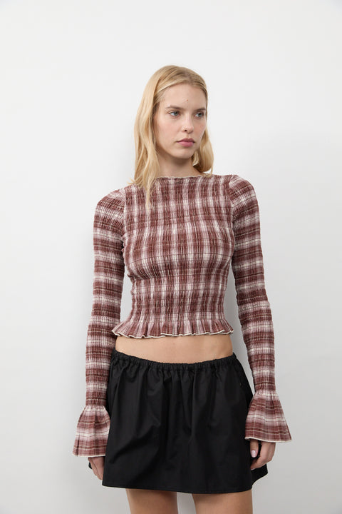 Cacao Plaid Ruched Longsleeve