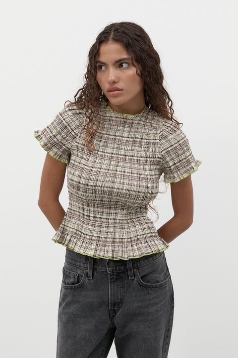 Honeydew Plaid Ruched Tee