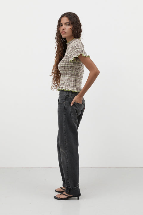 Honeydew Plaid Ruched Tee