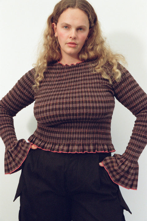 Fig Plaid Ruched Longsleeve