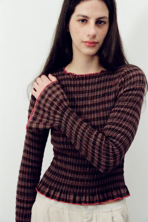 Fig Plaid Ruched Longsleeve