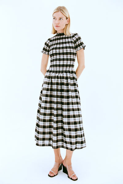 ruched mini dress in biscuit plaid apres studio Ink Plaid Marta Dress – Après Studio