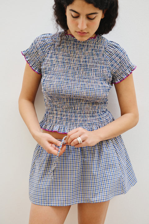 Marine Plaid Ruched Tee