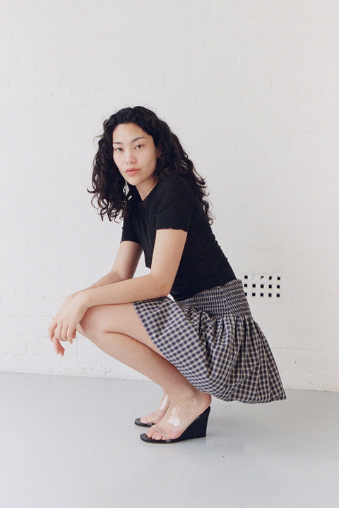 Navy Plaid Ruched Mini Skirt