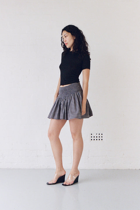 Navy Plaid Ruched Mini Skirt