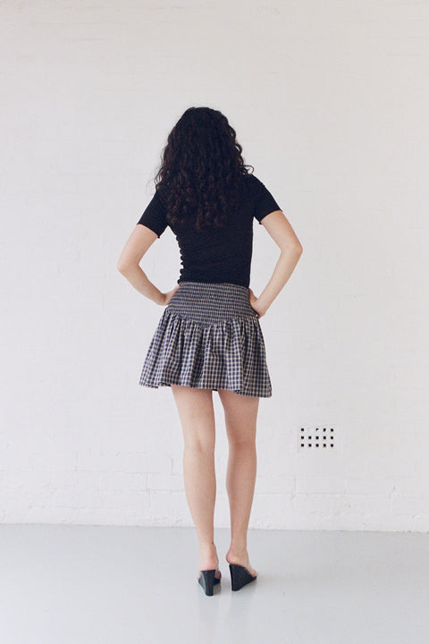 Navy Plaid Ruched Mini Skirt