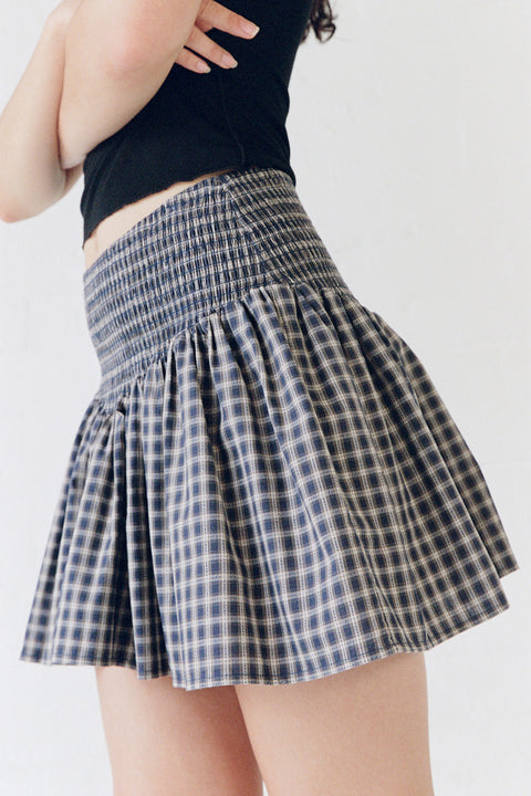 Navy Plaid Ruched Mini Skirt