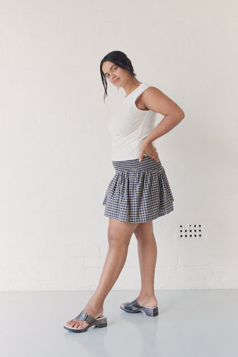 Navy Plaid Ruched Mini Skirt