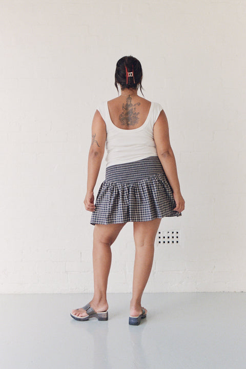 Navy Plaid Ruched Mini Skirt