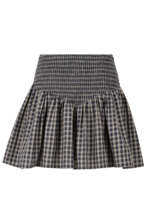 Navy Plaid Ruched Mini Skirt