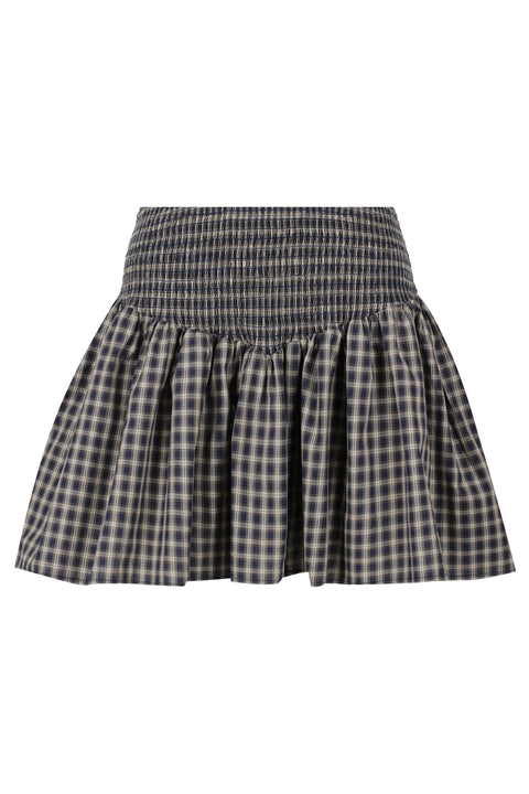 Navy Plaid Ruched Mini Skirt