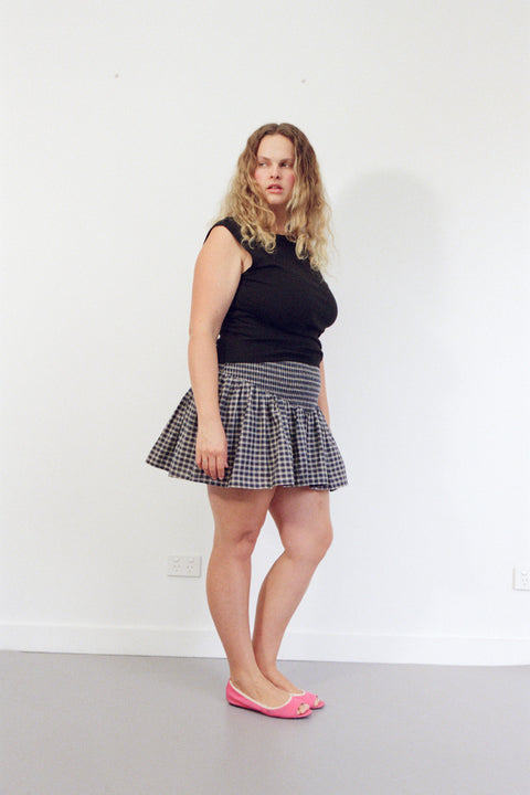 Navy Plaid Ruched Mini Skirt
