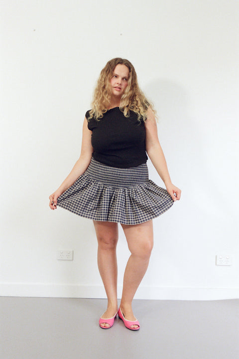 Navy Plaid Ruched Mini Skirt
