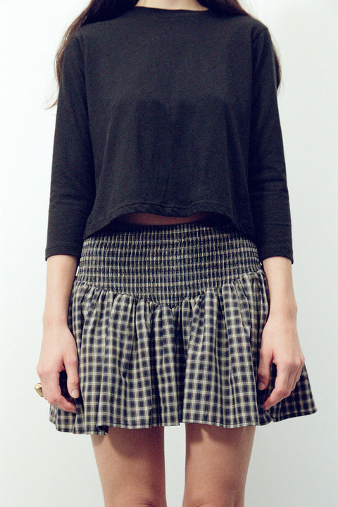 Navy Plaid Ruched Mini Skirt