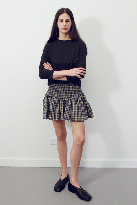 Navy Plaid Ruched Mini Skirt