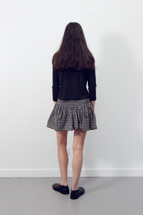 Navy Plaid Ruched Mini Skirt