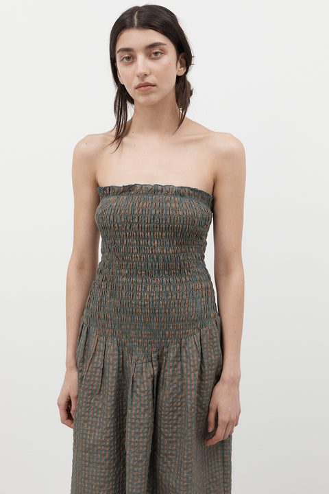 Pine Check Ruched Strapless Maxi