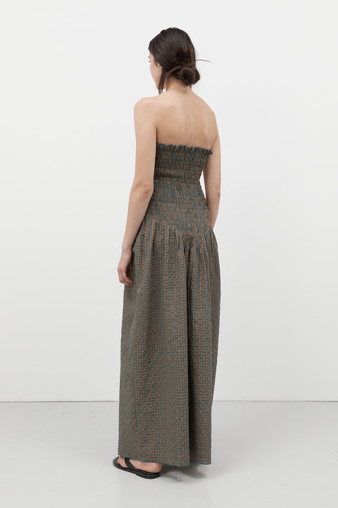 Pine Check Ruched Strapless Maxi