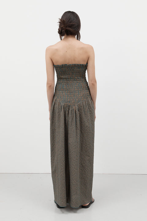 Pine Check Ruched Strapless Maxi