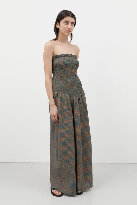 Pine Check Ruched Strapless Maxi