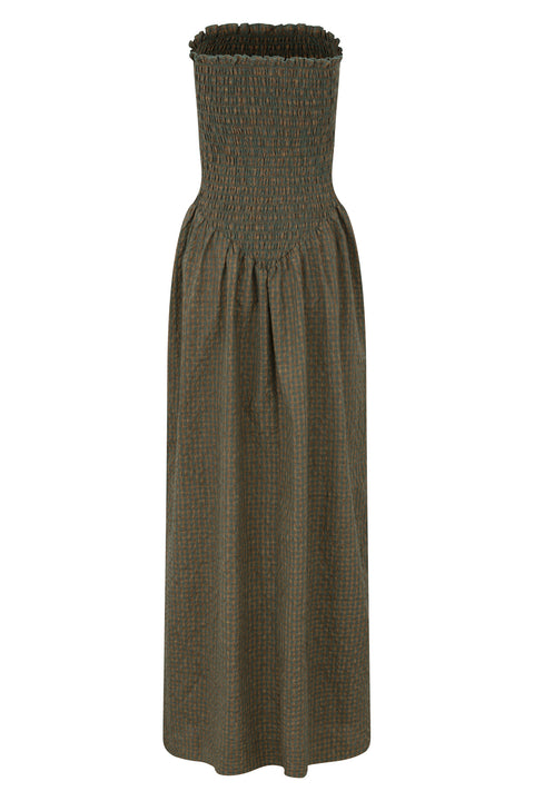 Pine Check Ruched Strapless Maxi