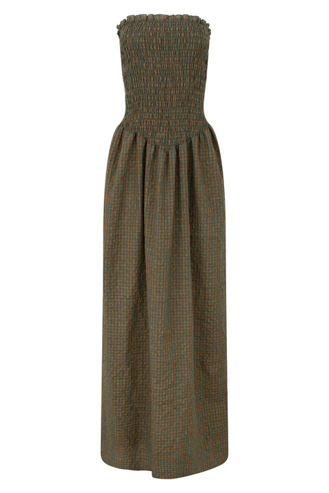 Pine Check Ruched Strapless Maxi