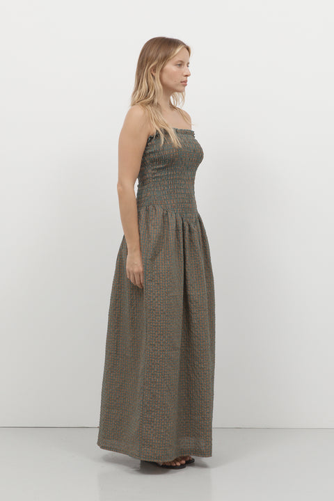 Pine Check Ruched Strapless Maxi