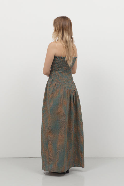 Pine Check Ruched Strapless Maxi