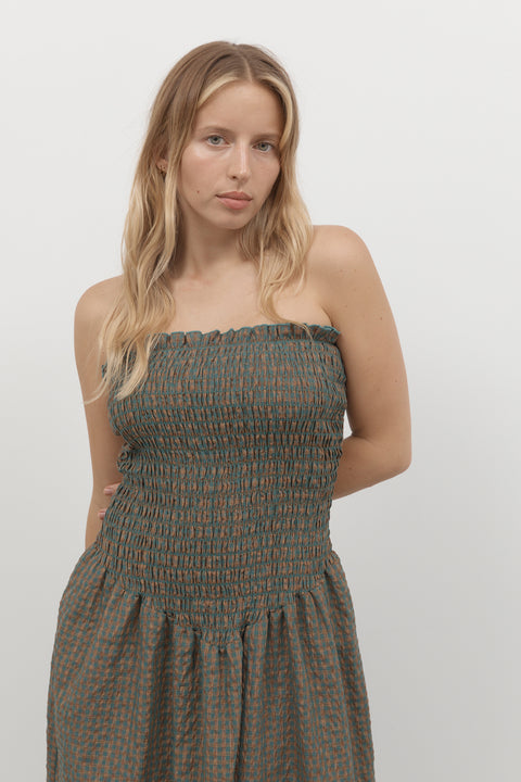 Pine Check Ruched Strapless Maxi