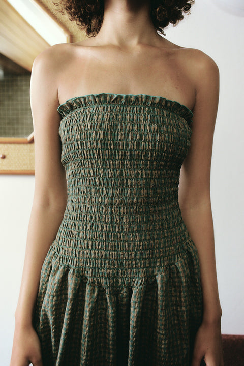 Pine Check Ruched Strapless Maxi