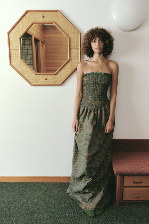 Pine Check Ruched Strapless Maxi