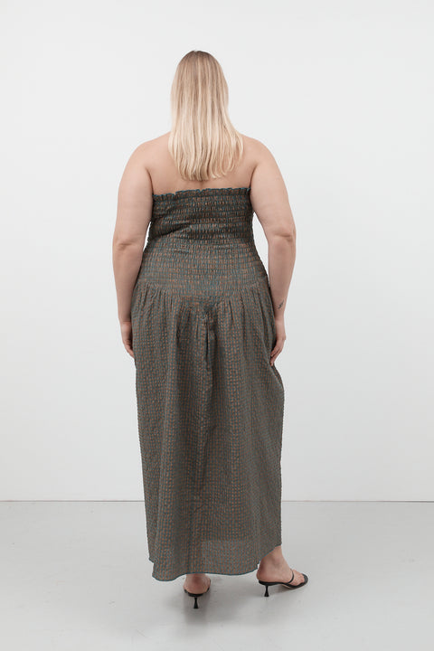 Pine Check Ruched Strapless Maxi