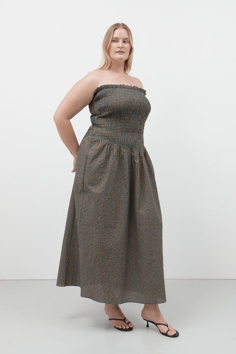 Pine Check Ruched Strapless Maxi